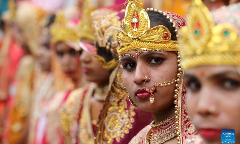 Brides take part in a mass wedding in Bhopal, capital of India's Madhya Pradesh state, May 3, 2022.Photo:Xinhua