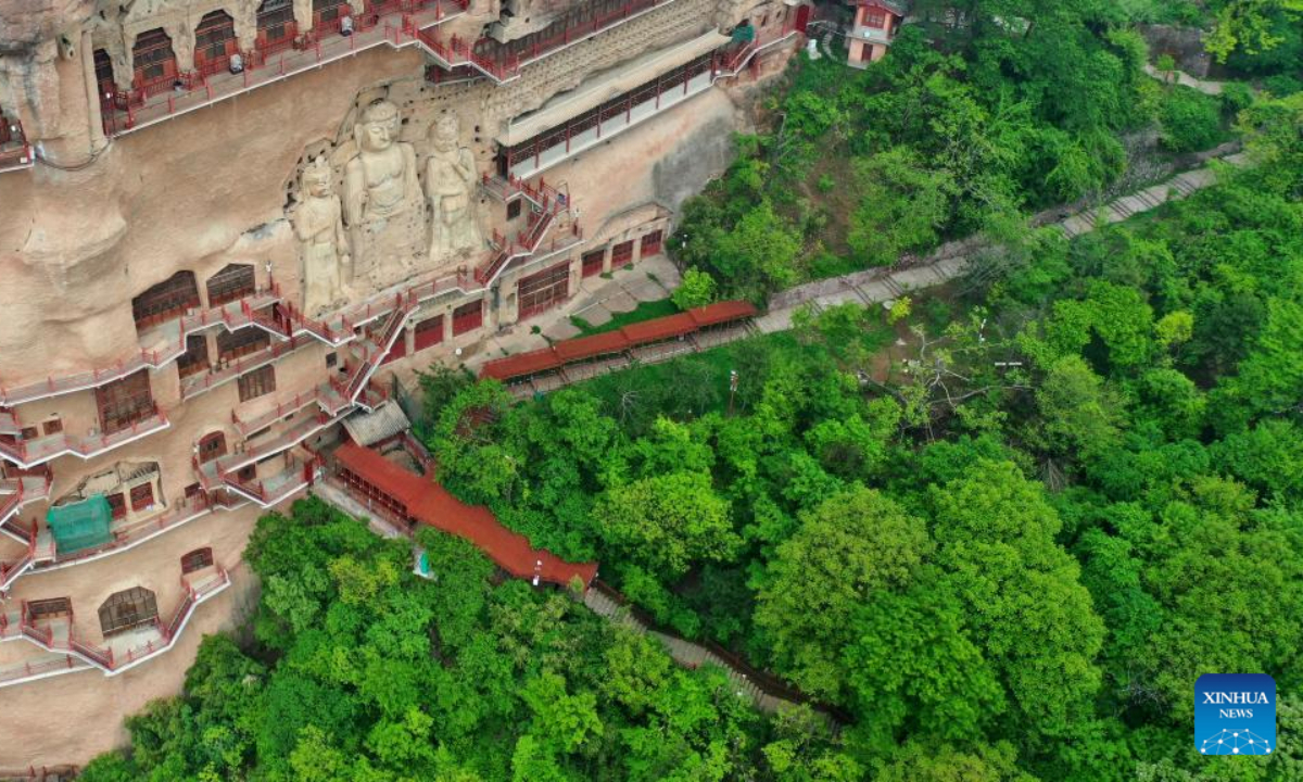 Aerial photo taken on April 29, 2022 shows a view of the Maiji Mountain Grottoes in Tianshui, northwest China's Gansu Province. The Maiji Mountain Grottoes is one of the four most famous grottoes in China. Photo:Xinhua