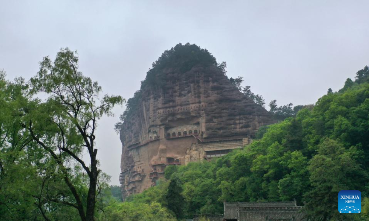 Aerial photo taken on April 29, 2022 shows a view of the Maiji Mountain Grottoes in Tianshui, northwest China's Gansu Province. The Maiji Mountain Grottoes is one of the four most famous grottoes in China. Photo:Xinhua