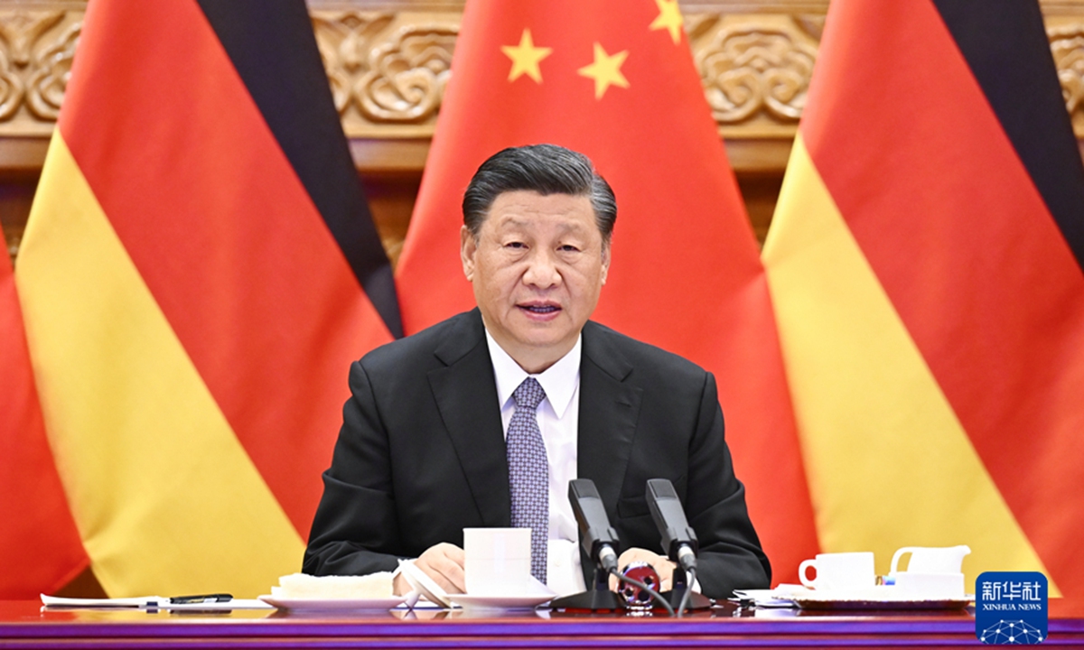 Chinese President Xi Jinping meets via video link with German Chancellor Olaf Scholz on May 9, 2022. Photo: from Xinhua.