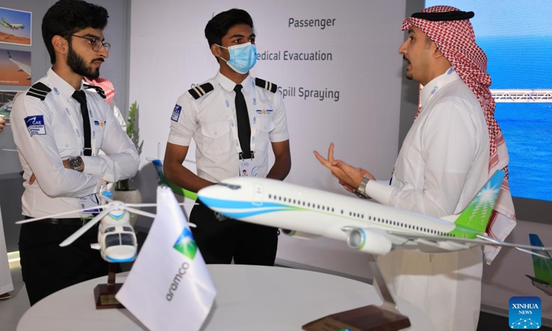 People talk during the Future Aviation Forum in Riyadh, Saudi Arabia, on May 9, 2022. Saudi Arabia's authority of civil aviation announced Monday its initiative to prepare a framework that would make international traveling easier. The initiative was highlighted during the opening of the three-day Future Aviation Forum, organized by the General Authority of Civil Aviation (GACA) of Saudi Arabia.(Photo: Xinhua)