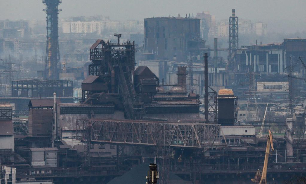 Photo taken on April 19, 2022 shows a view of the Azovstal plant in the port city of Mariupol. Photo:xinhua