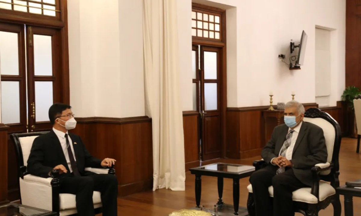 Ranil Wickremesinghe, Sri Lanka's new prime minister met with Qi Zhenhong, Ambassador of China to Sri Lanka on Friday. Photo: Courtesy of Embassy of China to Sri Lanka