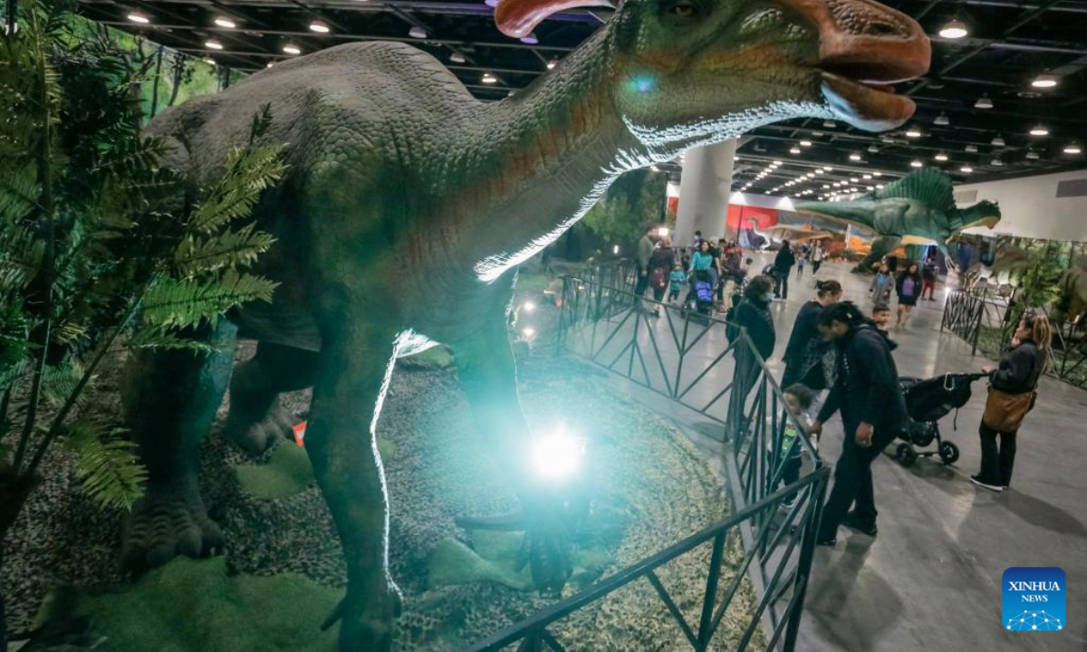 A life-size dinosaur model is displayed at the Jurassic Quest exhibition at Vancouver Convention Centre in Vancouver, British Columbia, Canada, on May 13, 2022. Photo:Xinhua