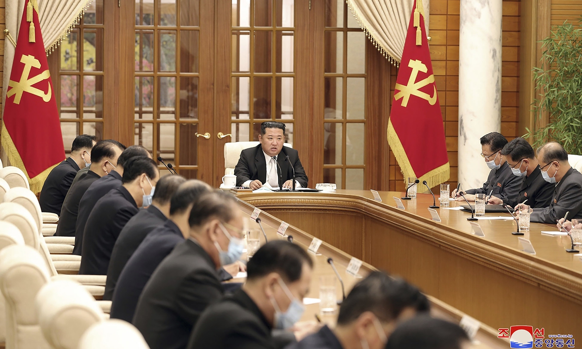 North Korean leader Kim Jong-un (center), attends a meeting of the Central Committee of the ruling Workers' Party of Korea in Pyongyang, North Korea on May 12, 2022. The meeting was convened after the first-ever COVID-19 case in over two years was confirmed in the country, according to media reports. Photo: VCG