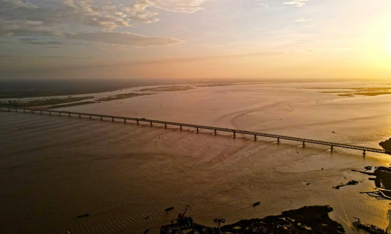 Aerial photo taken on Aug. 21, 2021 shows a view of Padma Multipurpose Bridge Project under construction in Munshiganj on the outskirts of Dhaka, Bangladesh. Photo: Xinhua