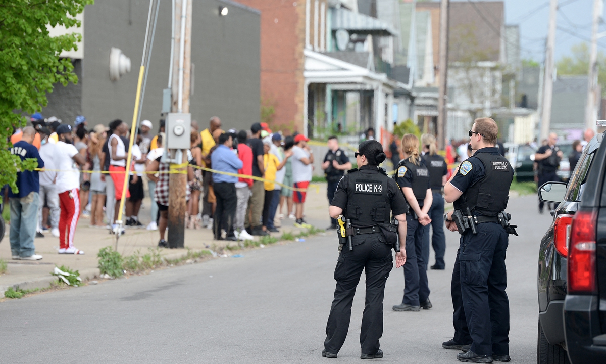 Buffalo Police on scene at a Tops Friendly Market on May 14, 2022 in Buffalo, New York. According to reports, at least 10 people were killed after a mass shooting at the store with the shooter in police custody. Photo: AFP