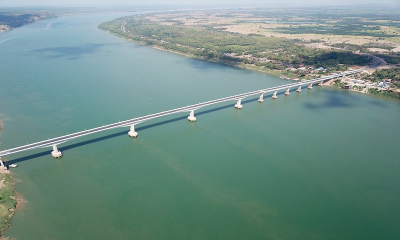 Aerial photo taken on March 11, 2021 shows the eighth Cambodia-China Friendship Bridge across the Mekong River, connecting Kampong Cham province and Tboung Khmum province in southeastern Cambodia. (Shanghai Construction Group/Handout via Xinhua)