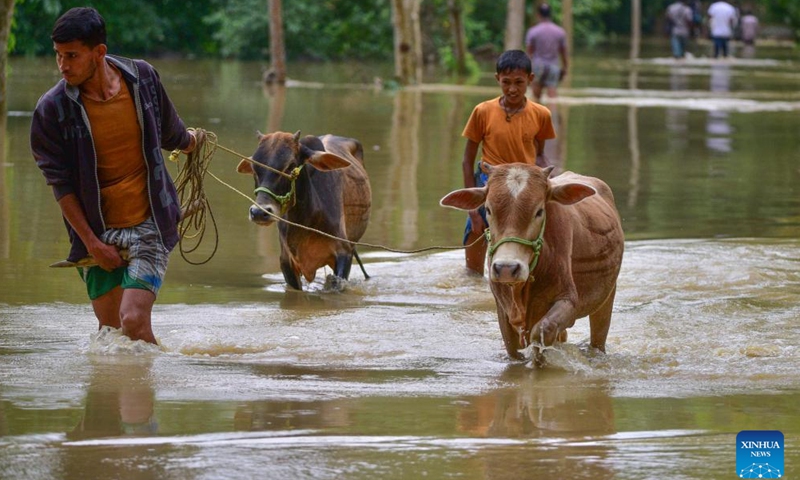 Villagers wade through a flooded area of Bakula Guri village in Nagaon district of India's northeastern state of Assam, May 15, 2022.Photo:Xinhua