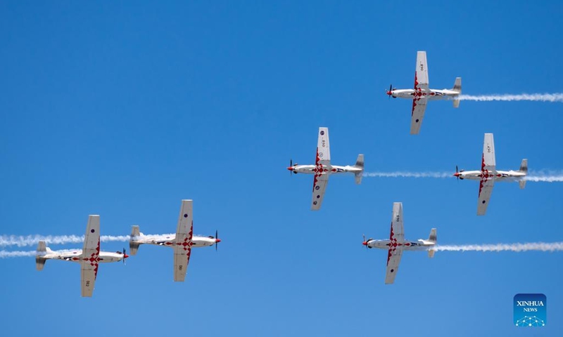 The Croatian Air Force aerobatic team, Wings of Storm, performs during a flight show in Zadar, Croatia, on May 16, 2022.(Photo: Xinhua)