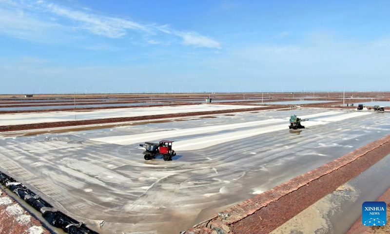 Aerial photo taken on May 14, 2022 shows workers harvesting salt in a salt field at Binhai Township, Zhanhua District, Binzhou City of east China's Shandong Province.(Photo: Xinhua)