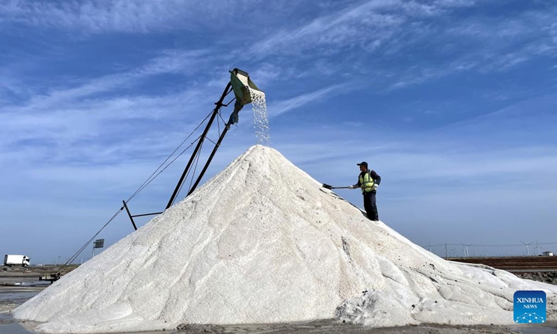 Workers harvest salt in a salt field at Binhai Township, Zhanhua District, Binzhou City of east China's Shandong Province, May 14, 2022.(Photo: Xinhua)