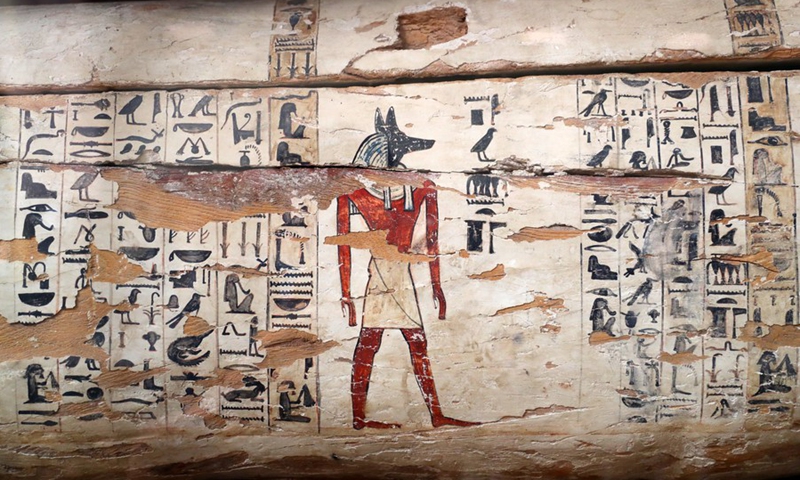 Photo taken on May 14, 2022 shows a mummy coffin painted with god Anubis at the Egyptian Museum in Cairo, Egypt.(Photo: Xinhua)