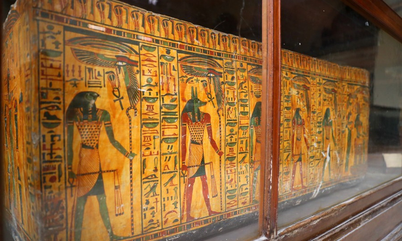 Photo taken on May 14, 2022 shows a mummy coffin painted with god Anubis at the Egyptian Museum in Cairo, Egypt.(Photo: Xinhua)