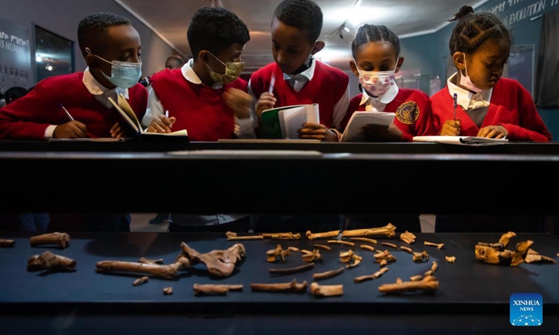 Students visit the National Museum of Ethiopia in Addis Ababa, Ethiopia, on May 18, 2022. The museum houses collections of precious heritages, including fossilized bones of a female of the hominin species Australopithecus afarensis, named Lucy, which is believed to live about 3.2 million years ago.(Photo: Xinhua)