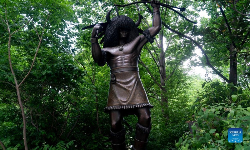Photo taken on May 17, 2022 shows a statue outside the National Museum of the American Indian in Washington, D.C., the United States. The National Museum of the American Indian in Washington, D.C. opened in 2004 with more than 800,000 objects.(Photo: Xinhua)