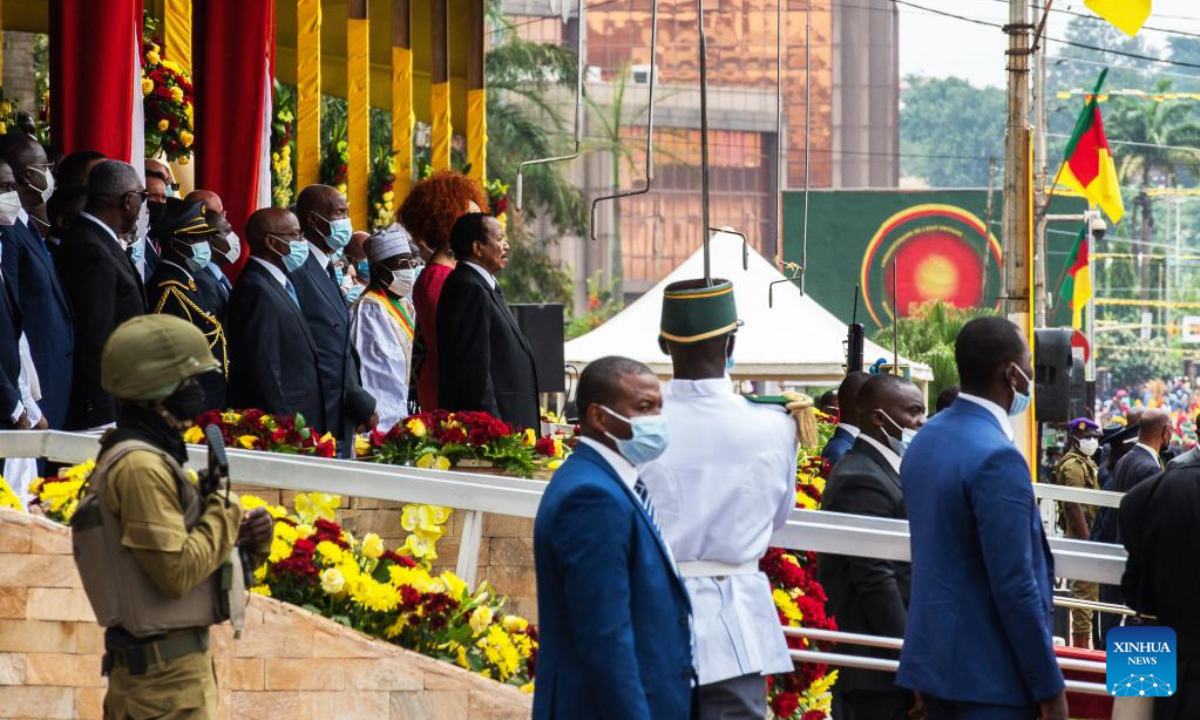 Cameroonian President Paul Biya (C) attends the National Day celebration in Yaounde, Cameroon, on May 20, 2022. Cameroon marked on Friday the 50th anniversary of its National Day with a military and civilian parade for the first time since the first case of coronavirus was detected in the Central African nation in March 2020. Photo:Xinhua
