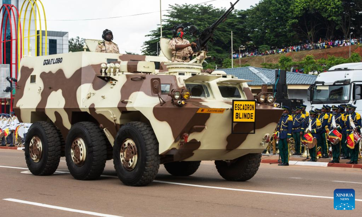 A military vehicle is driven during a parade to celebrate the National Day in Yaounde, Cameroon, on May 20, 2022. Cameroon marked on Friday the 50th anniversary of its National Day with a military and civilian parade for the first time since the first case of coronavirus was detected in the Central African nation in March 2020. Photo:Xinhua