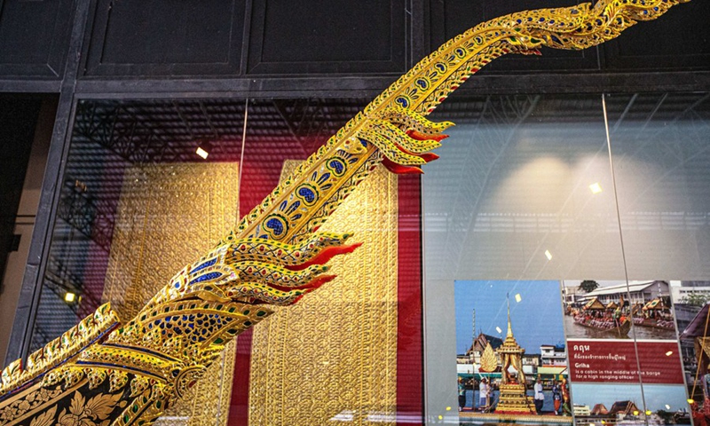 Photo taken on May 17, 2022 shows a stern of a royal barge at the National Museum of Royal Barges in Bangkok, Thailand.(Photo: Xinhua)
