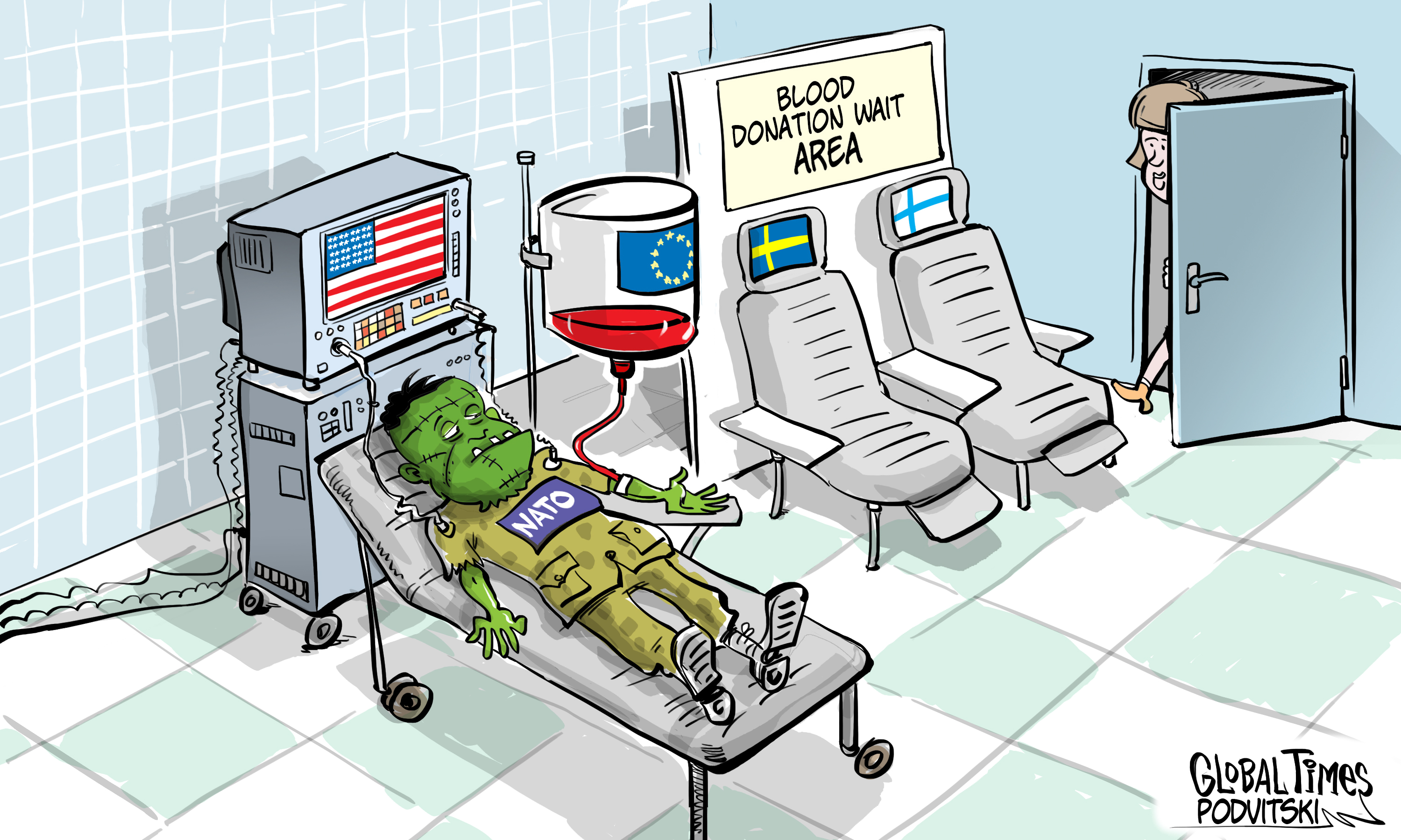 Blood transfusion for the modern Frankenstein Cartoon: Vitaly Podvitski
