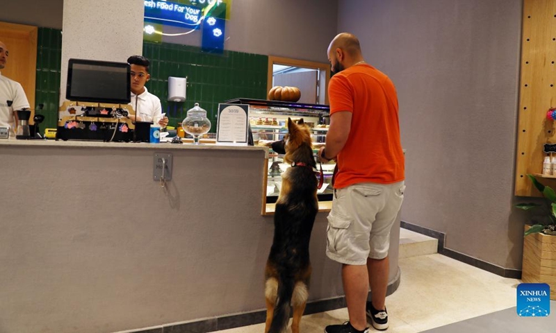 A man orders snacks for his dog at a dog cafe in Giza, Egypt, on May 15, 2022.Photo:Xinhua