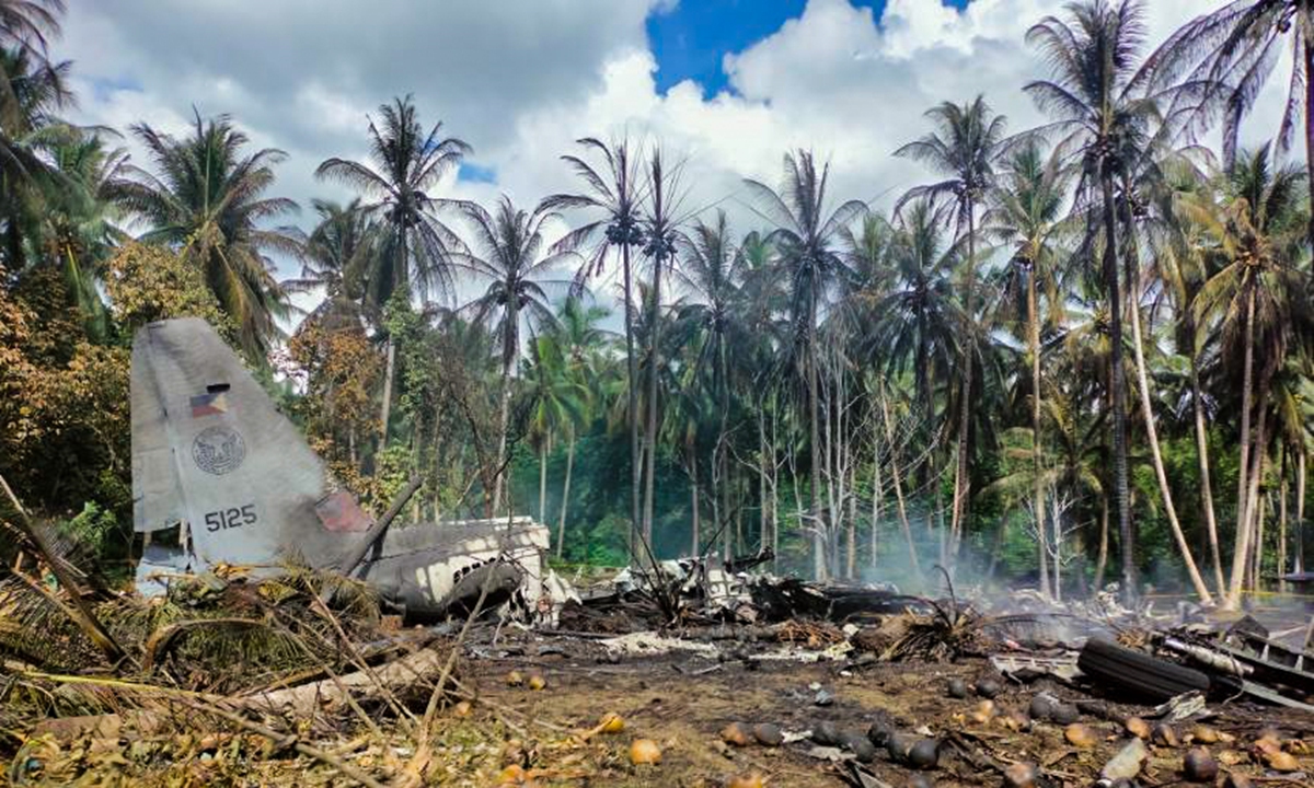 A Philippine Air Force C-130 transport aircraft provided by the US crashes in the southern Philippines in July 2021, killing over 50. Photo: Xinhua