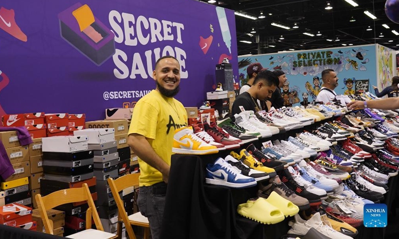 Shoes are on display during Sneaker Con Los Angels, a business show of collectable sneaker industry, at Anaheim Convention Center, California, the United States, on May 21, 2022. Photo: Xinhua
