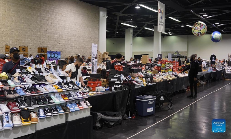 Shoes are on display during Sneaker Con Los Angels, a business show of collectable sneaker industry, at Anaheim Convention Center, California, the United States, on May 21, 2022. Photo: Xinhua

