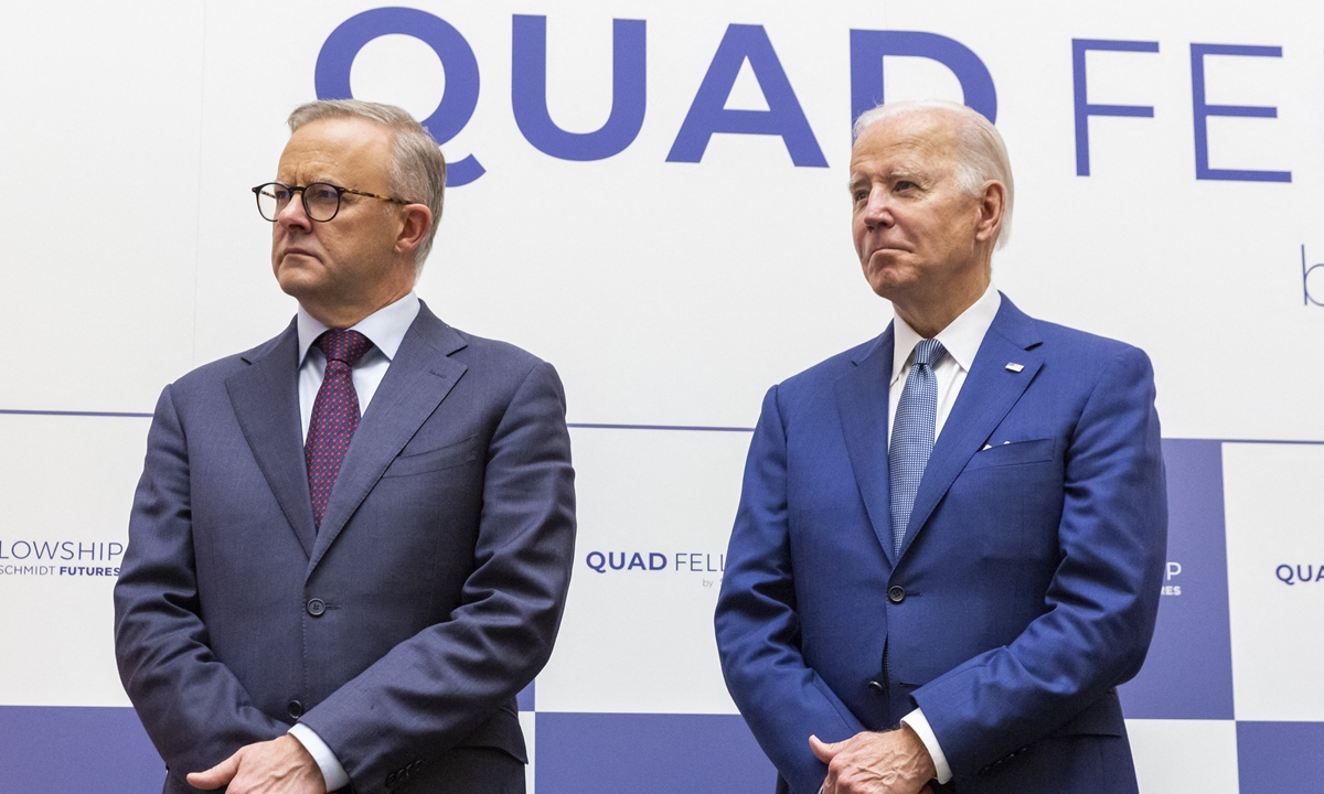 Australian Prime Minister Anthony Albanese(left) and US President Joe Biden attend the Japan-US-Australia-India Fellowship Founding Celebration event on May 24, 2022 in Tokyo, Japan. Photo: AFP
