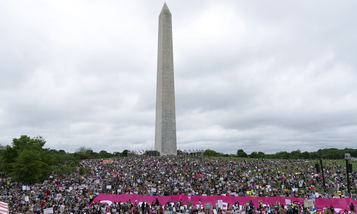 Abortion rights activists rally at the Washington Monument before a march to the US Supreme Court in Washington DC, the US on May 14, 2022. Photo: AFP