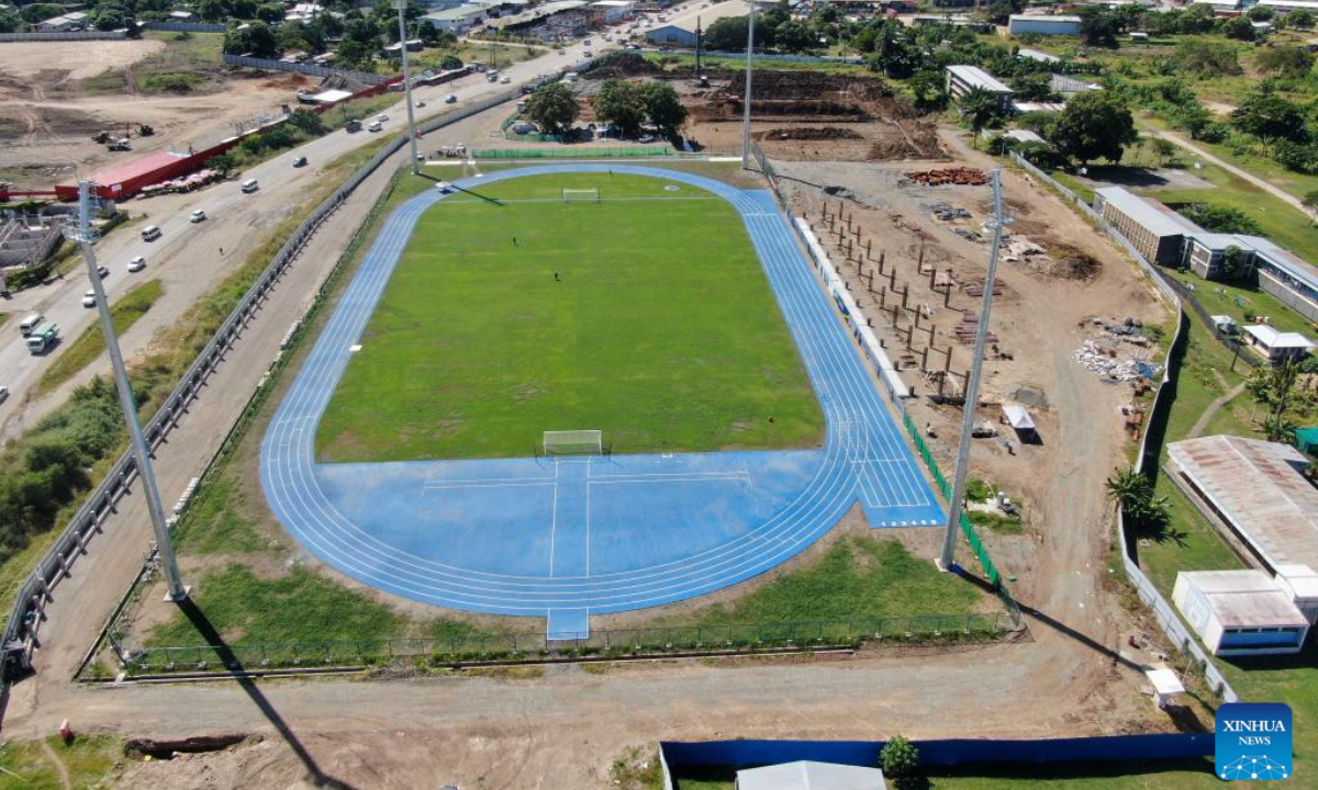 Aerial photo taken on May 4, 2022 shows the athletic track and the football pitch under a Stadium Project for the 2023 Pacific Games in Honiara, capital of the Solomon Islands. Photo:Xinhua