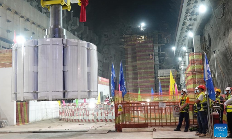 A 200-ton rotor is installed on a generating unit at the Kokhav Hayarden pumped storage power plant in Beit She'an, Israel, on May 25, 2022.(Photo: Xinhua)