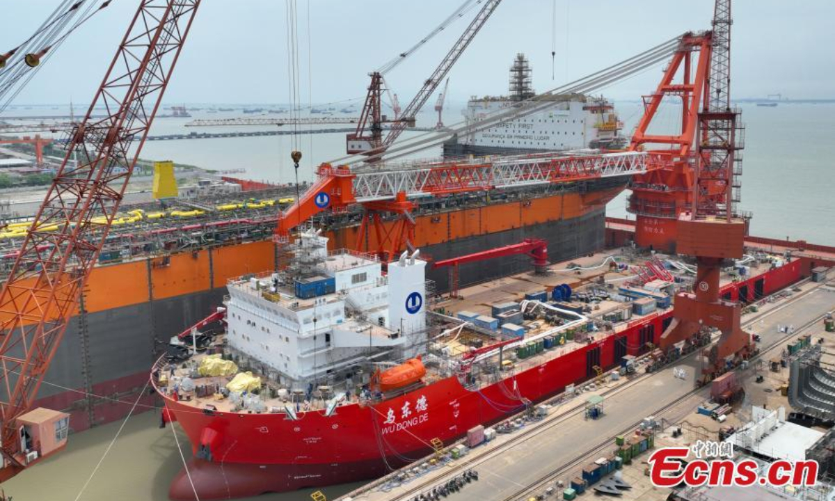 Wudongde, China’s first high-performance deep-sea vessel specifically designed for the transport and installation of wind farm infrastructure, enters water in Haimen, east China's Jiangsu Province, May 25, 2022. Photo:China News Service