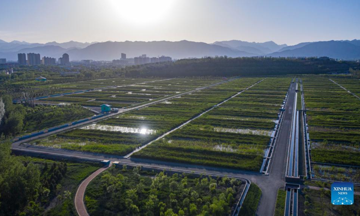 Aerial photo taken on May 30, 2022 shows the scenery of Xinghai Lake in Shizuishan City, northwest China's Ningxia Hui Autonomous Region. Photo:Xinhua