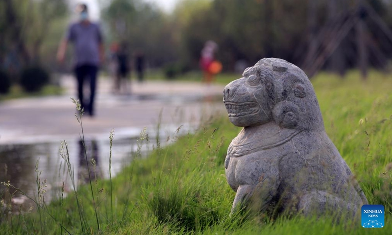 Photo taken on May 24, 2022 shows a stone lion along the Grand Canal in Cangzhou City, north China's Hebei Province. (Photo: Xinhua)