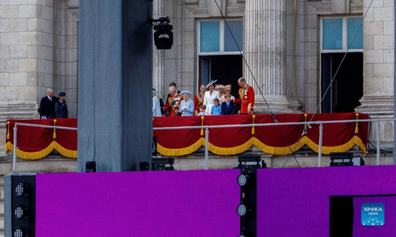 Britain's Queen Elizabeth II (C) is seen on the balcony of Buckingham Palace after the Trooping the Colour parade in celebration of her Platinum Jubilee, in London, Britain, on June 2, 2022. (Photo by Tim Ireland/Xinhua)