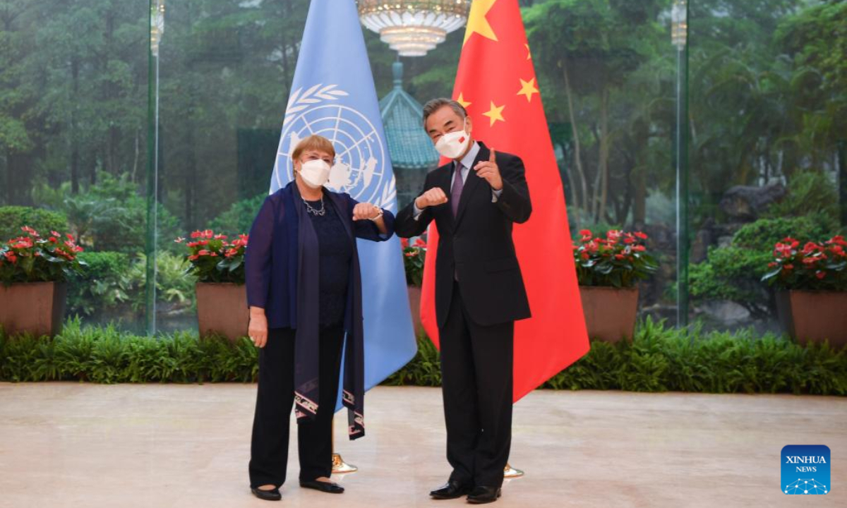 Chinese State Councilor and Foreign Minister Wang Yi meets with the United Nations High Commissioner for Human Rights Michelle Bachelet in Guangzhou, south China's Guangdong Province, May 23, 2022. Photo:Xinhua