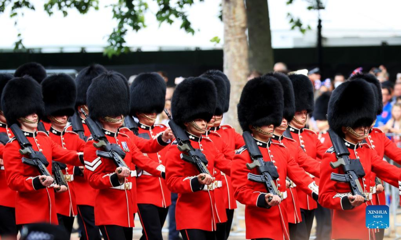 Members of the Household Division march during the Trooping the Colour parade in celebration of Britain's Queen Elizabeth II's Platinum Jubilee, in London, Britain, on June 2, 2022. (Xinhua/Li Ying)
