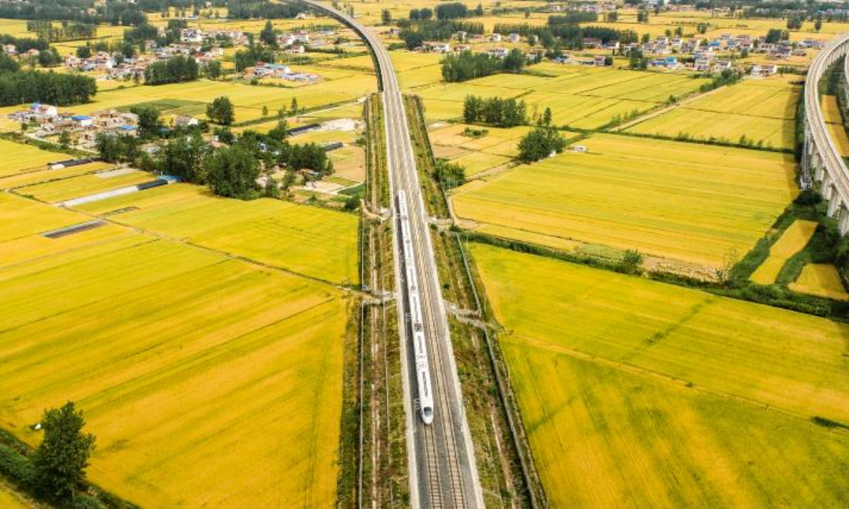 Aerial photo taken on May 26, 2022 shows a high-speed train running through wheat fields in Huai'an, east China's Jiangsu Province. Photo:Xinhua