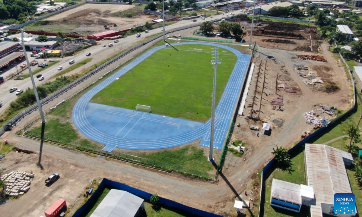 Aerial photo taken on May 4, 2022 shows the athletic track and the football pitch under a Stadium Project for the 2023 Pacific Games in Honiara, capital of the Solomon Islands. Photo:Xinhua