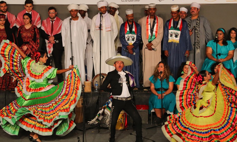 Artists perform at the closing ceremony of the 9th International Festival for Drums and Traditional Arts at Saladin Citadel in Cairo, Egypt, on May 28, 2022.Photo:Xinhua