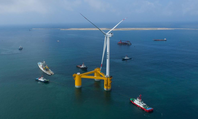 Aerial photo taken on May 27, 2022 shows a deep-sea floating wind power equipment 