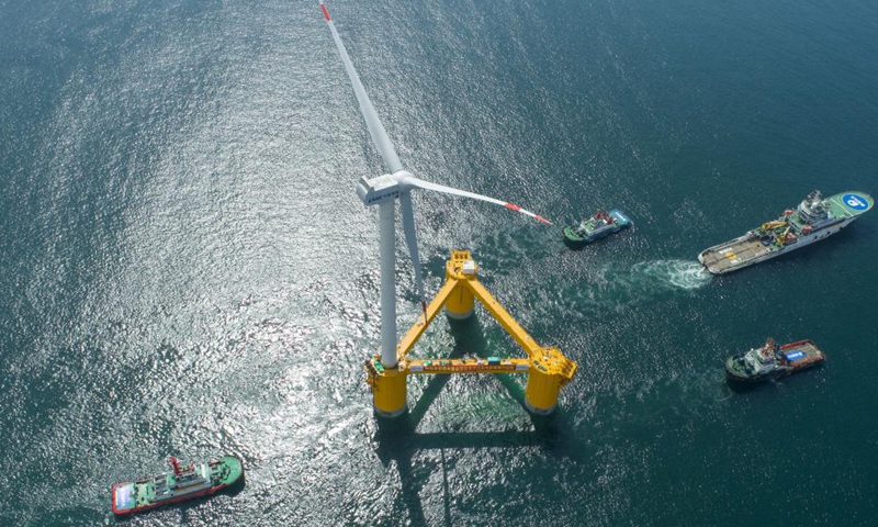 Aerial photo taken on May 27, 2022 shows a deep-sea floating wind power equipment Fuyao in Maoming, south China's Guangdong Province.Photo:Xinhua