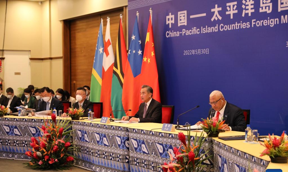 Chinese State Councilor and Foreign Minister Wang Yi (2nd R) co-hosts the second China-Pacific Island Countries Foreign Ministers' Meeting with Fijian Prime Minister and Foreign Minister Voreqe Bainimarama (1st R) in Suva, Fiji, May 30, 2022. Photo: Xinhua