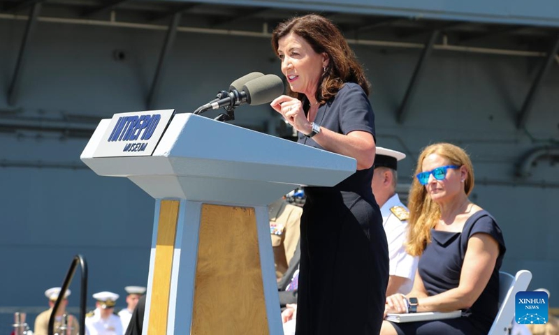 New York State Governor Kathy Hochul delivers a speech at an event marking Memorial Day at the Intrepid Sea, Air and Space Museum in New York, the United States, on May 30, 2022. New Yorkers celebrated Memorial Day on Monday with parades and other activities, which resembled the celebrations in the time before the COVID pandemic.(Photo: Xinhua)