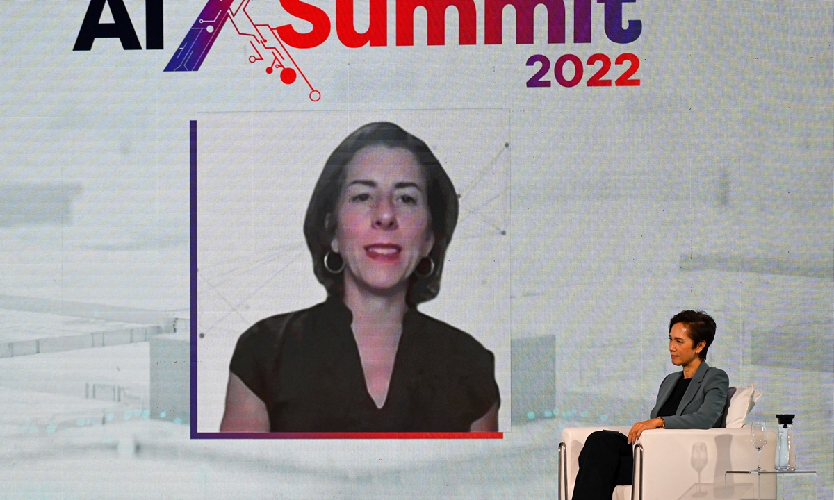 US Secretary of Commerce Gina Raimano speaks via video conference with Singapore Minister for Communication and Information Josephine Teo during the opening of Asia Tech Summit in Singapore on May 31, 2022. According to ATxSG website, dubbed to be the largest tech event hosted by Singapore since the reopening of its borders, the event will convene for four days until June 3, 2022. Photo: AFP