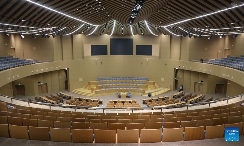 Photo taken on May 30, 2022 shows the Main Conference Hall of the Kenneth Kaunda International Conference Center in Lusaka, Zambia. Zambia on Tuesday commissioned an ultra-modern international conference center financed by China. The Kenneth Kaunda International Conference Center, with its main hall having a 2,500 sitting capacity, has been built to host the African Union (AU) mid-year summit this year.(Photo: Xinhua)