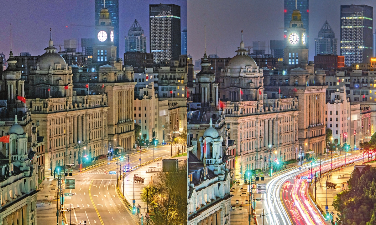 A combination of photos shows the empty Bund in Shanghai with no traffic on April 1, 2022 (left) in comparison with the vibrant movements of cars and people that returned on June 1. Photo: IC