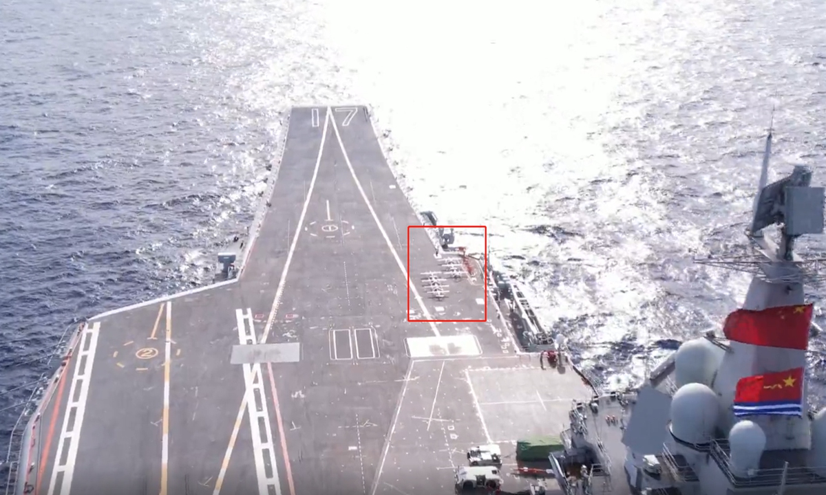Drones are seen on the flight deck of the aircraft carrier <em>Shandong</em> of the Chinese People's Liberation Army (PLA) Navy in a video released by the PLA South Sea Fleet on May 31, 2022. Photo: Screenshot from the WeChat account of the PLA South Sea Fleet