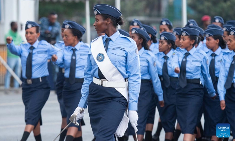 Police officers march during an event to honor Ethiopian police forces in Meskel Square in Addis Ababa, Ethiopia, on June 5, 2022.Photo:Xinhua